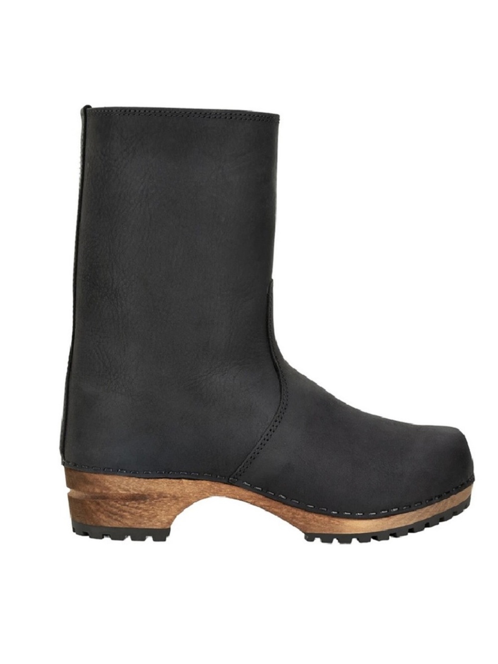 Sanita Risotto Black Oiled Leather Mid-Calf Clog Boot with Wood-Look Sole